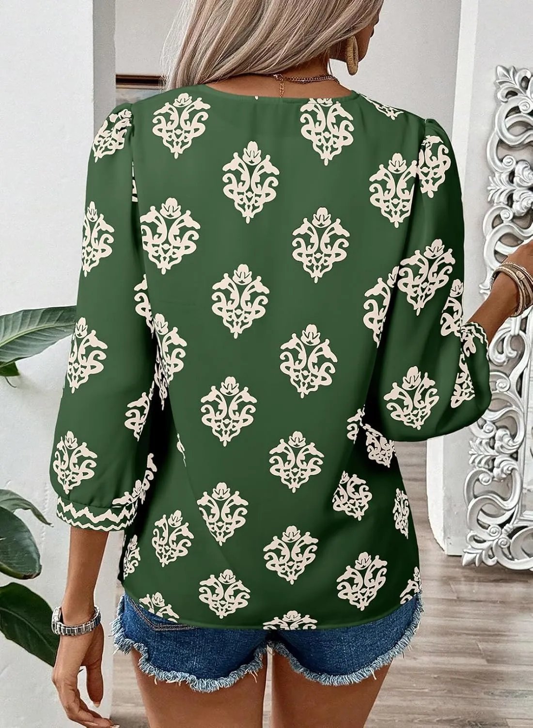 SHEWIN Women's Casual V Neck Floral Print Chiffon Blouses 3/4 Sleeve Boho Summer Tops Shirts
