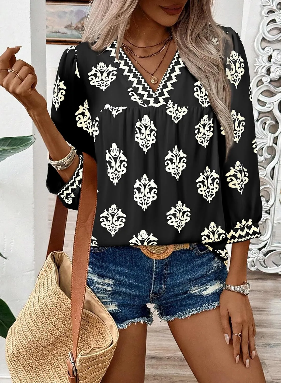 SHEWIN Women's Casual V Neck Floral Print Chiffon Blouses 3/4 Sleeve Boho Summer Tops Shirts