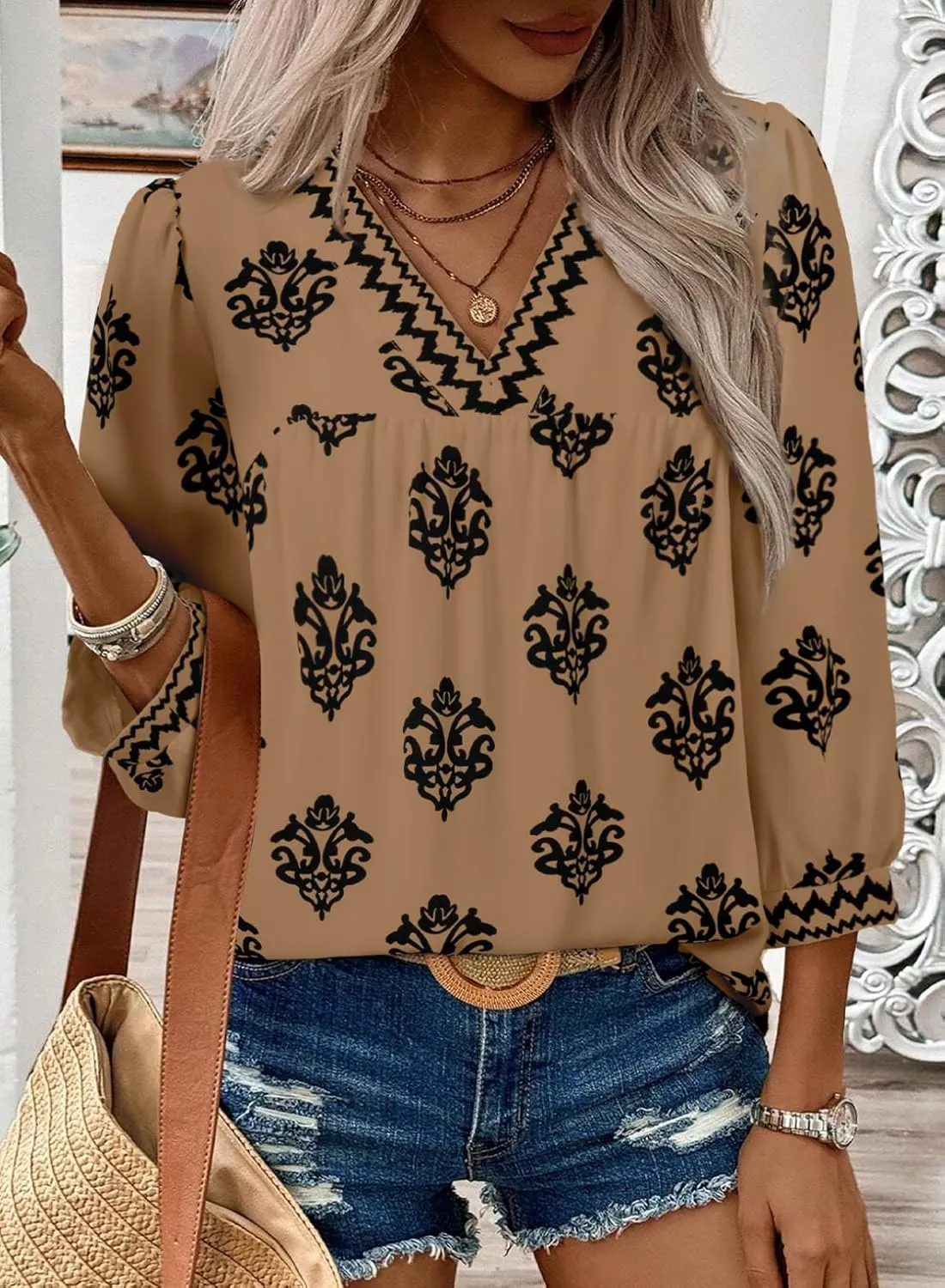 SHEWIN Women's Casual V Neck Floral Print Chiffon Blouses 3/4 Sleeve Boho Summer Tops Shirts