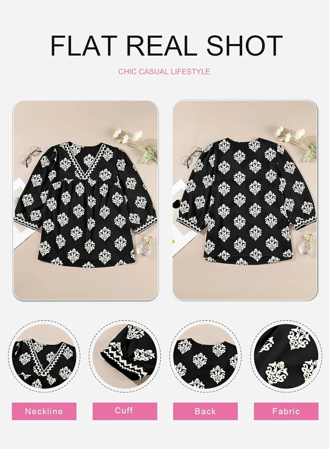 SHEWIN Women's Casual V Neck Floral Print Chiffon Blouses 3/4 Sleeve Boho Summer Tops Shirts