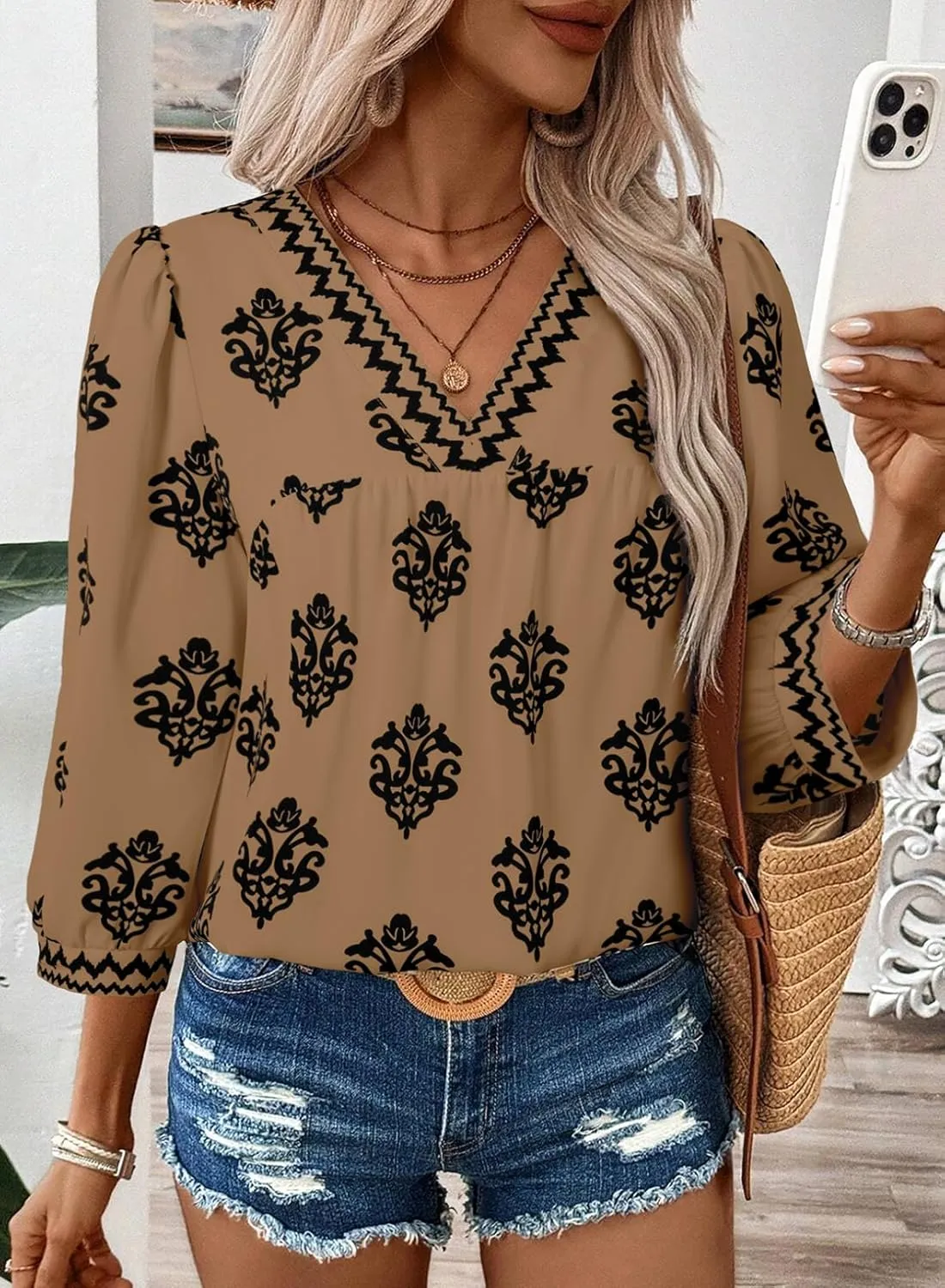SHEWIN Women's Casual V Neck Floral Print Chiffon Blouses 3/4 Sleeve Boho Summer Tops Shirts