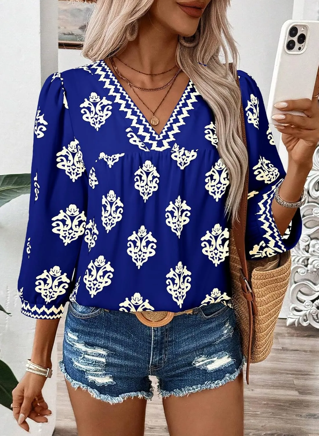 SHEWIN Women's Casual V Neck Floral Print Chiffon Blouses 3/4 Sleeve Boho Summer Tops Shirts