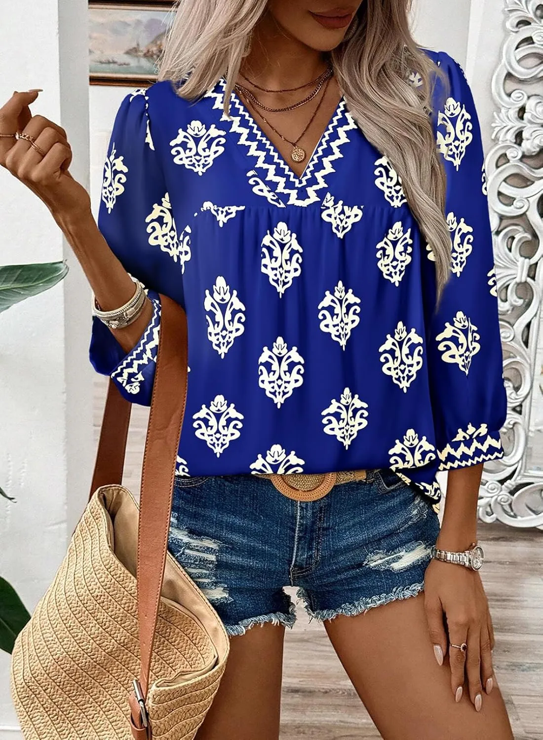 SHEWIN Women's Casual V Neck Floral Print Chiffon Blouses 3/4 Sleeve Boho Summer Tops Shirts