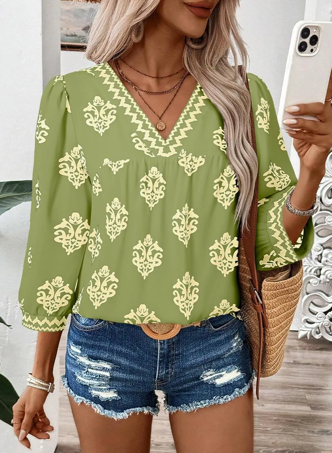 SHEWIN Women's Casual V Neck Floral Print Chiffon Blouses 3/4 Sleeve Boho Summer Tops Shirts