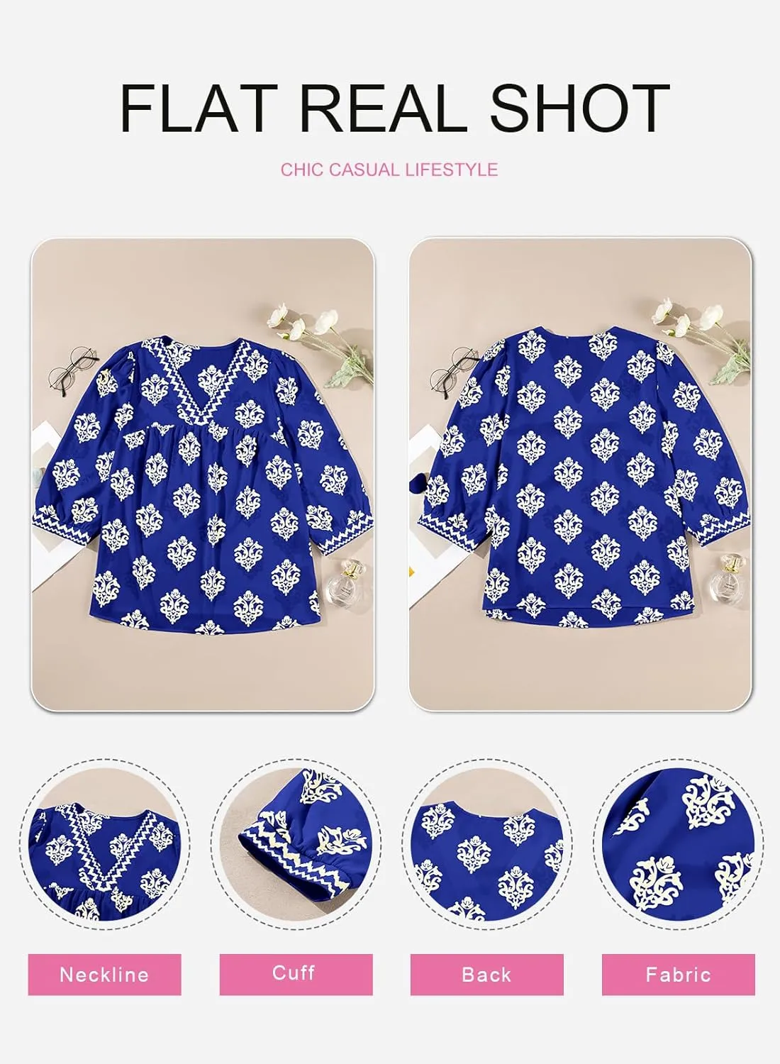 SHEWIN Women's Casual V Neck Floral Print Chiffon Blouses 3/4 Sleeve Boho Summer Tops Shirts