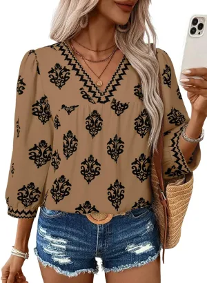 SHEWIN Women's Casual V Neck Floral Print Chiffon Blouses 3/4 Sleeve Boho Summer Tops Shirts