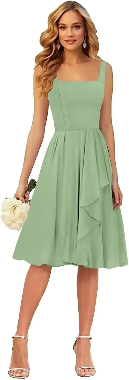 Short Bridesmaid Dresses for Women Square Neck Ruffle Formal Wedding Guest Dress