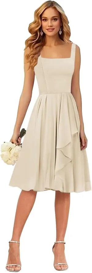Short Bridesmaid Dresses for Women Square Neck Ruffle Formal Wedding Guest Dress