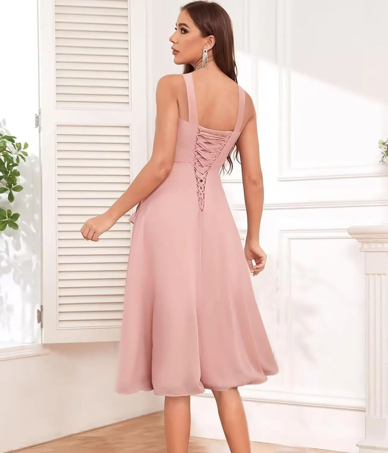 Short Bridesmaid Dresses for Women Square Neck Ruffle Formal Wedding Guest Dress