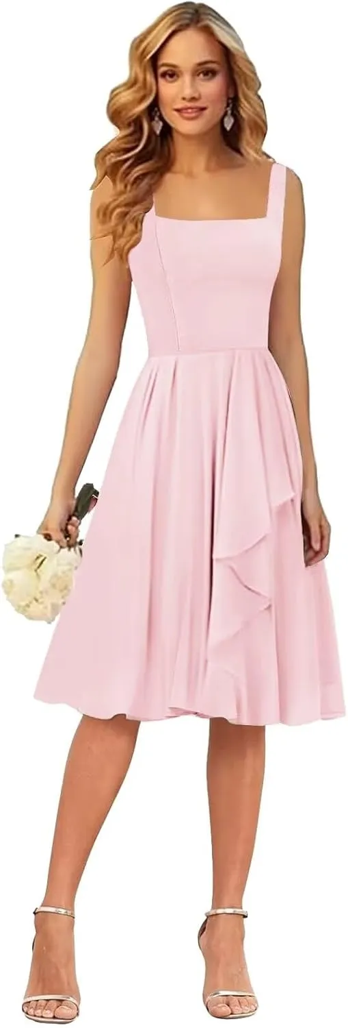 Short Bridesmaid Dresses for Women Square Neck Ruffle Formal Wedding Guest Dress