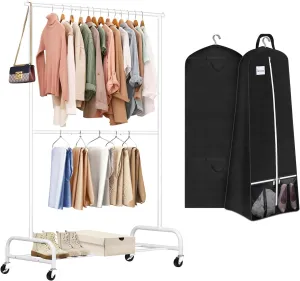 SLEEPING LAMB 72'' Wedding Gown Dress Garment Bag, Black and Double Rod Heavy Duty Clothes Racks for Hanging Clothes Rack, Metal Rolling Garment Rack with Wheels (White)