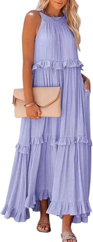 Sleeveless Halter Maxi Dress Casual Flowy Ruffle Sundress Beach Swing Long Dresses Sundress