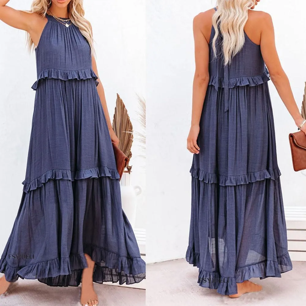 Sleeveless Halter Maxi Dress Casual Flowy Ruffle Sundress Beach Swing Long Dresses Sundress