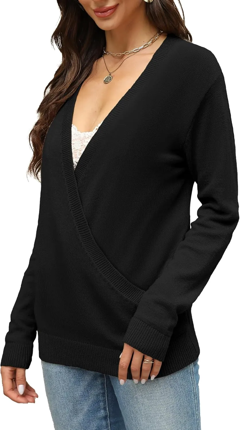 softome Womens 2025 Deep V-Neck Wrap Sweaters Long Sleeve Front Cross Loose Knitted Pullover Jumper Fall Winter Tops