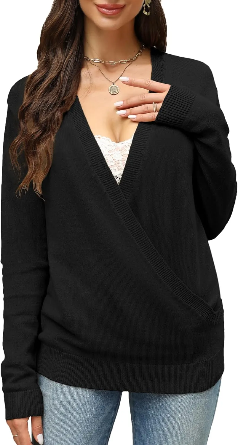 softome Womens 2025 Deep V-Neck Wrap Sweaters Long Sleeve Front Cross Loose Knitted Pullover Jumper Fall Winter Tops