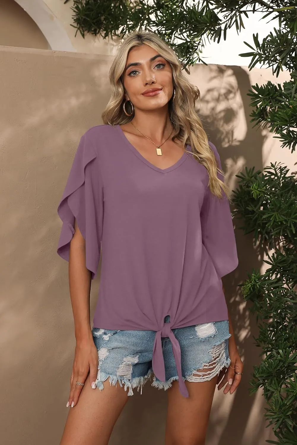 SUEANI Women's Tie Front Blouses V Neck 3/4 Split Sleeve Summer Knot Tops T Shirts