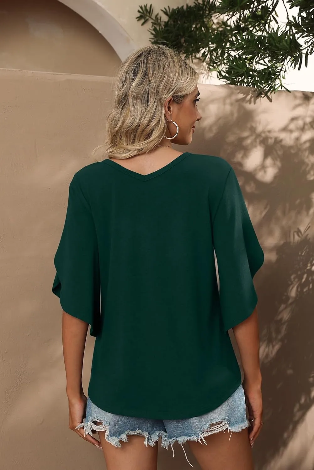 SUEANI Women's Tie Front Blouses V Neck 3/4 Split Sleeve Summer Knot Tops T Shirts