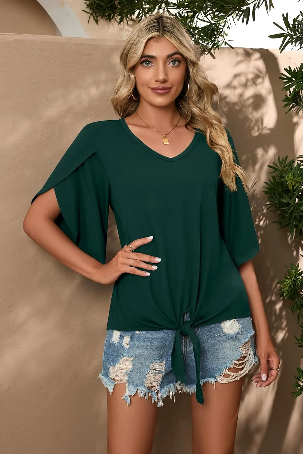 SUEANI Women's Tie Front Blouses V Neck 3/4 Split Sleeve Summer Knot Tops T Shirts