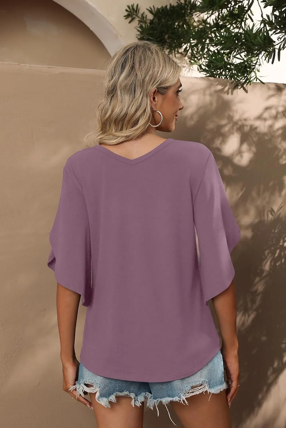SUEANI Women's Tie Front Blouses V Neck 3/4 Split Sleeve Summer Knot Tops T Shirts