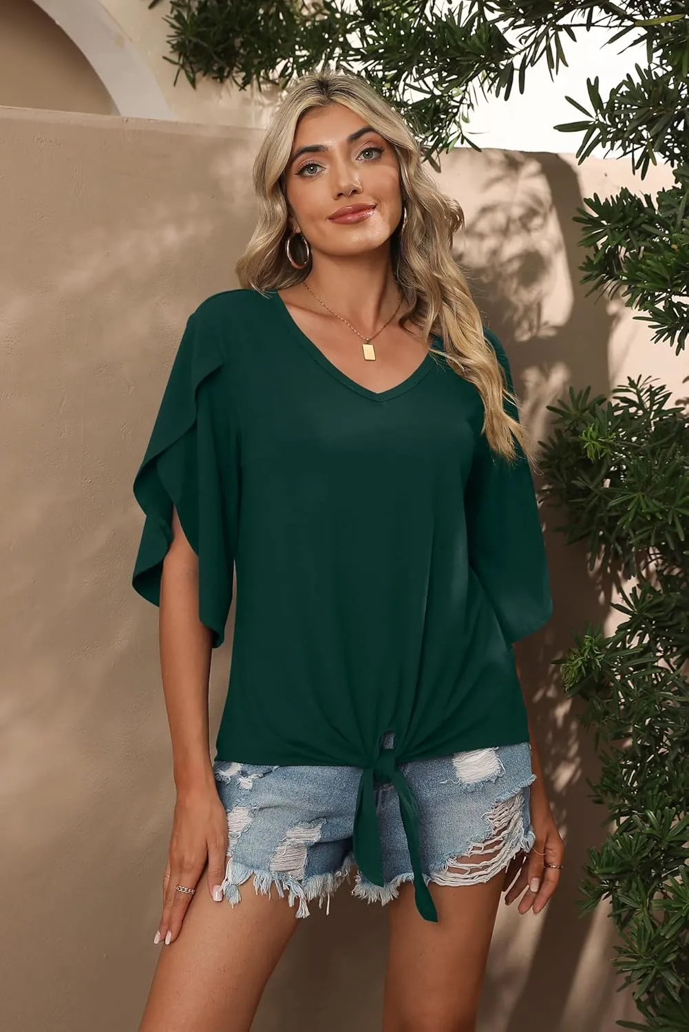SUEANI Women's Tie Front Blouses V Neck 3/4 Split Sleeve Summer Knot Tops T Shirts