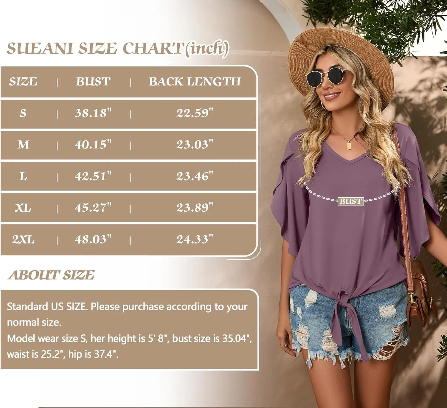 SUEANI Women's Tie Front Blouses V Neck 3/4 Split Sleeve Summer Knot Tops T Shirts