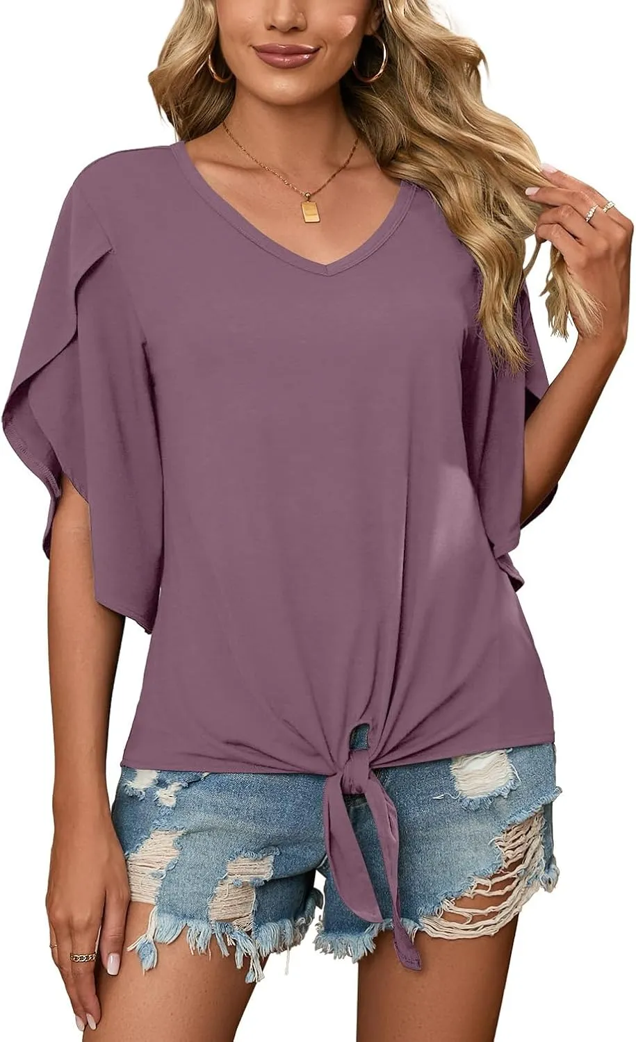 SUEANI Women's Tie Front Blouses V Neck 3/4 Split Sleeve Summer Knot Tops T Shirts