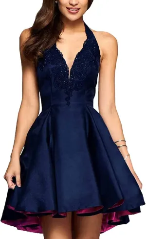 Sukleet Lace Appliques Short Homecoming Dress for Teens 2025 High Low Halter Satin Prom Dresses with Pockets