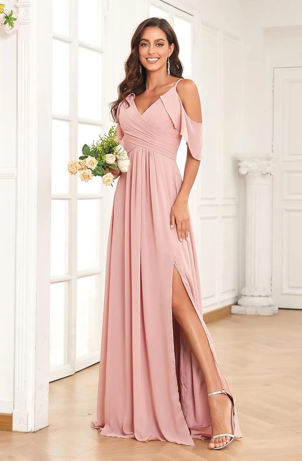 Sukleet Women's Off The Shoulder Bridesmaid Dresses Long Slit Ruched Chiffon Formal Evening Gowns