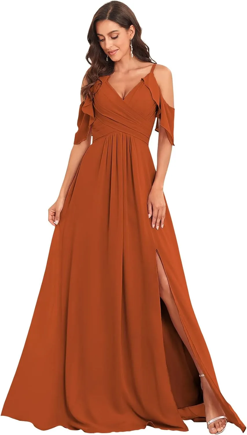 Sukleet Women's Off The Shoulder Bridesmaid Dresses Long Slit Ruched Chiffon Formal Evening Gowns