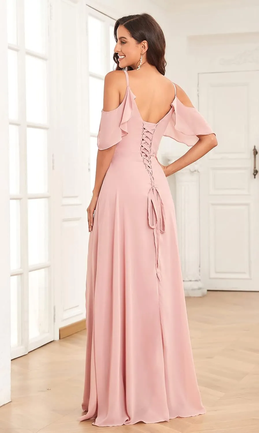 Sukleet Women's Off The Shoulder Bridesmaid Dresses Long Slit Ruched Chiffon Formal Evening Gowns