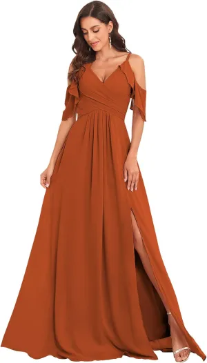 Sukleet Women's Off The Shoulder Bridesmaid Dresses Long Slit Ruched Chiffon Formal Evening Gowns