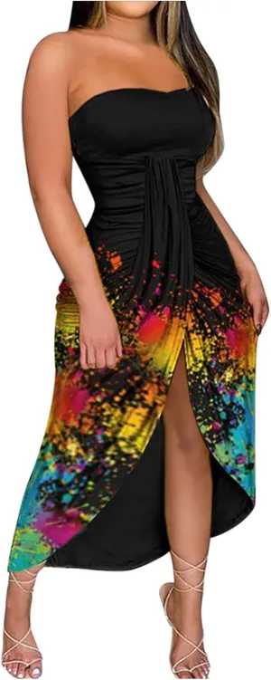 Summer Dresses for Women 2023 Trendy Casual Strapless Party Club Dress Sexy Split Hem Floral Pleated Beach Long Dress