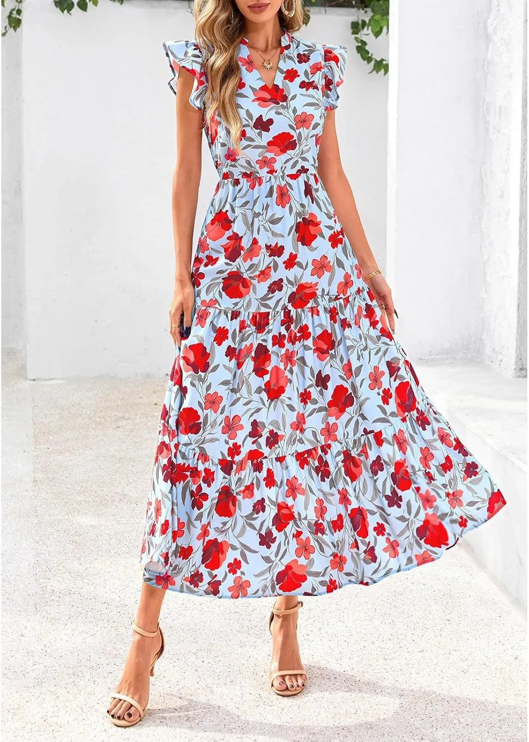 Summer Dresses for Women 2025 Cap Sleeve V Neck Ruffle Hem Swing Flowy Floral Maxi Dress Casual Beach Vacation Dresses