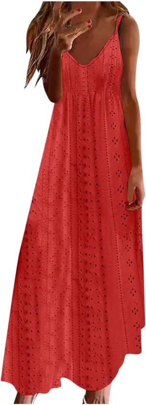 Summer Dresses for Women 2025 Trendy V Neck Eyelet Sleeveless Maxi Dress Spring Boho Beach Vacation Clothes