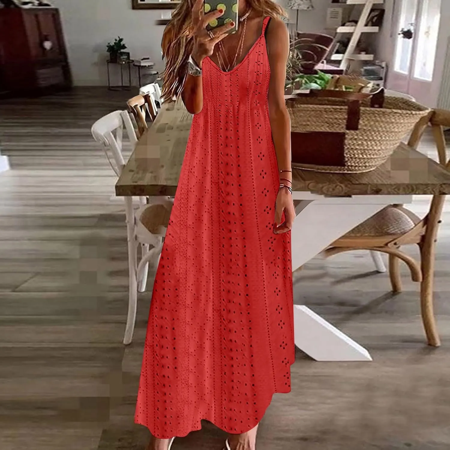 Summer Dresses for Women 2025 Trendy V Neck Eyelet Sleeveless Maxi Dress Spring Boho Beach Vacation Clothes