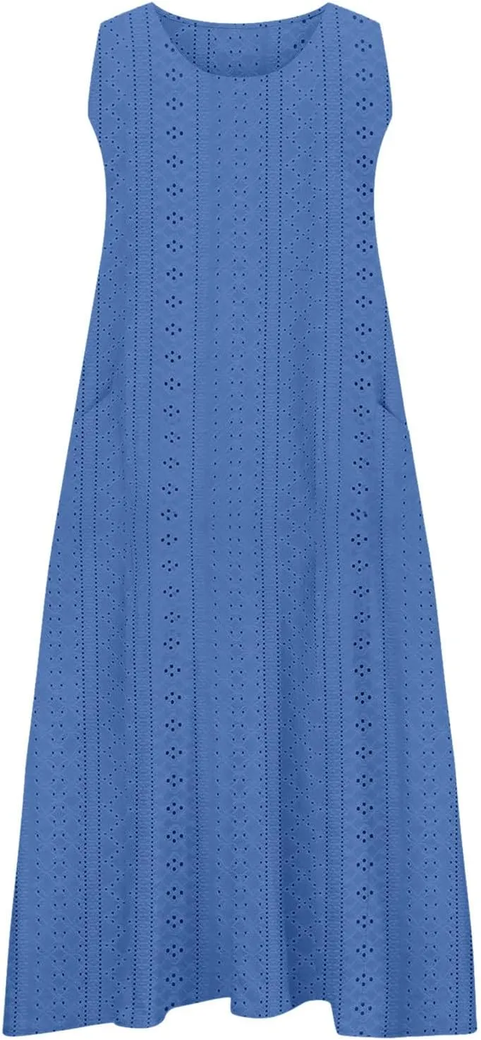 Summer Eyelet Dresses for Women Casual Sleeveless Maxi Dress Crewneck Long Beach Dress Spring Fashion Vacation Outfits