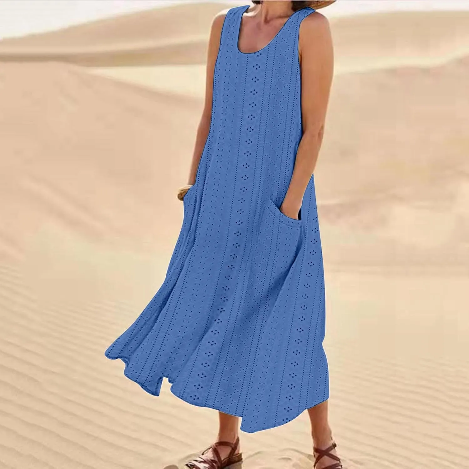 Summer Eyelet Dresses for Women Casual Sleeveless Maxi Dress Crewneck Long Beach Dress Spring Fashion Vacation Outfits