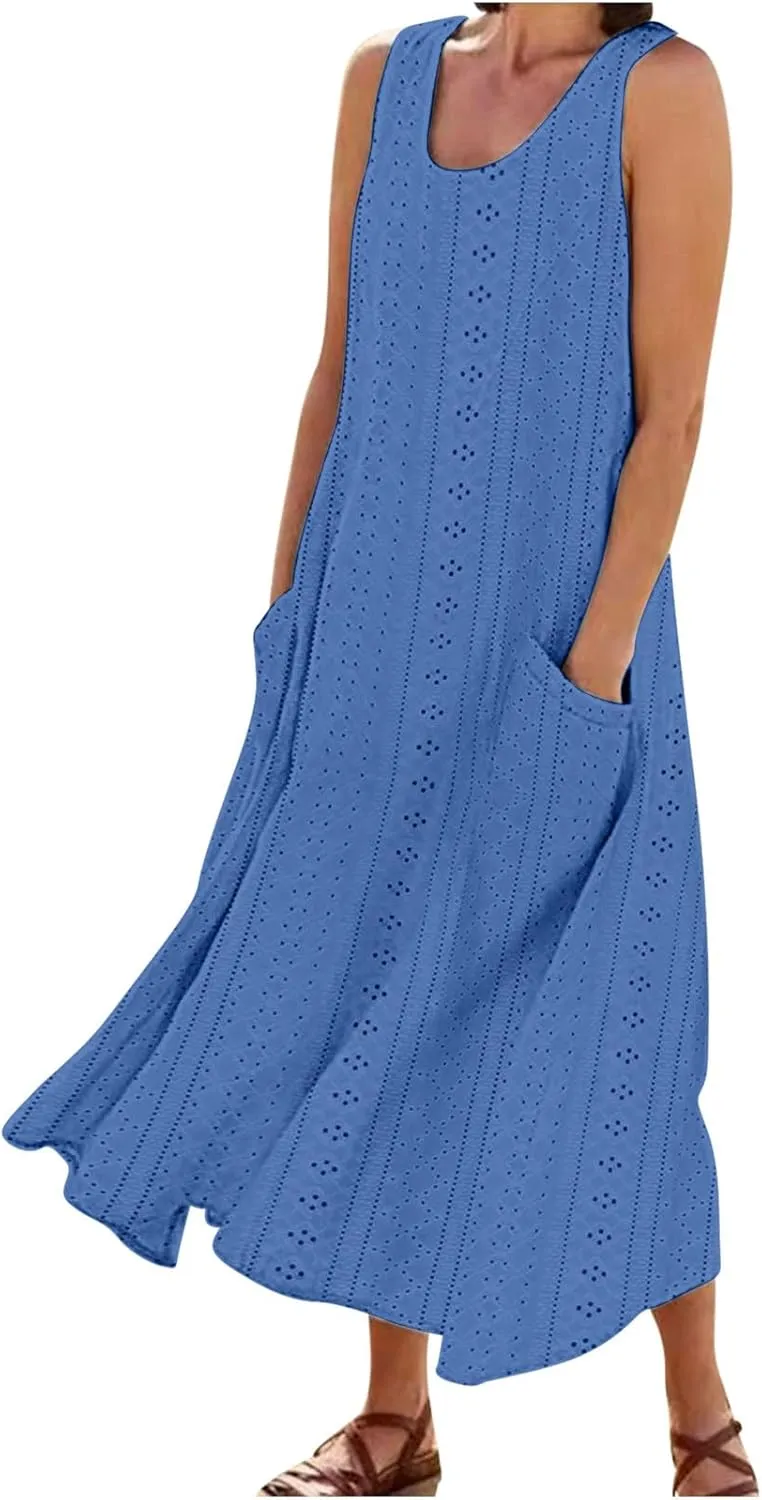 Summer Eyelet Dresses for Women Casual Sleeveless Maxi Dress Crewneck Long Beach Dress Spring Fashion Vacation Outfits