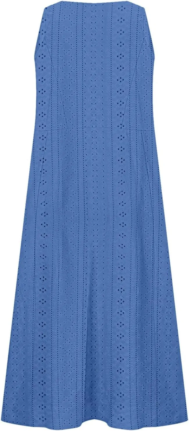 Summer Eyelet Dresses for Women Casual Sleeveless Maxi Dress Crewneck Long Beach Dress Spring Fashion Vacation Outfits