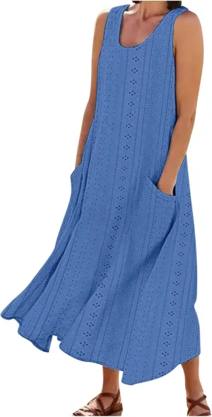 Summer Eyelet Dresses for Women Casual Sleeveless Maxi Dress Crewneck Long Beach Dress Spring Fashion Vacation Outfits