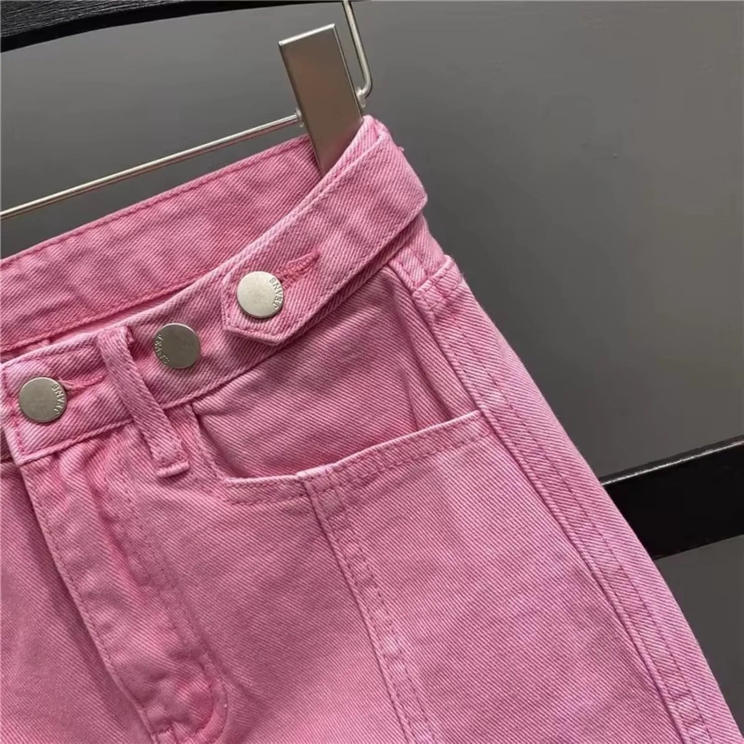 Summer Pink Denim Skirt Women High Waisted Slimming A-line Short Skirt with Wrapped Buttocks