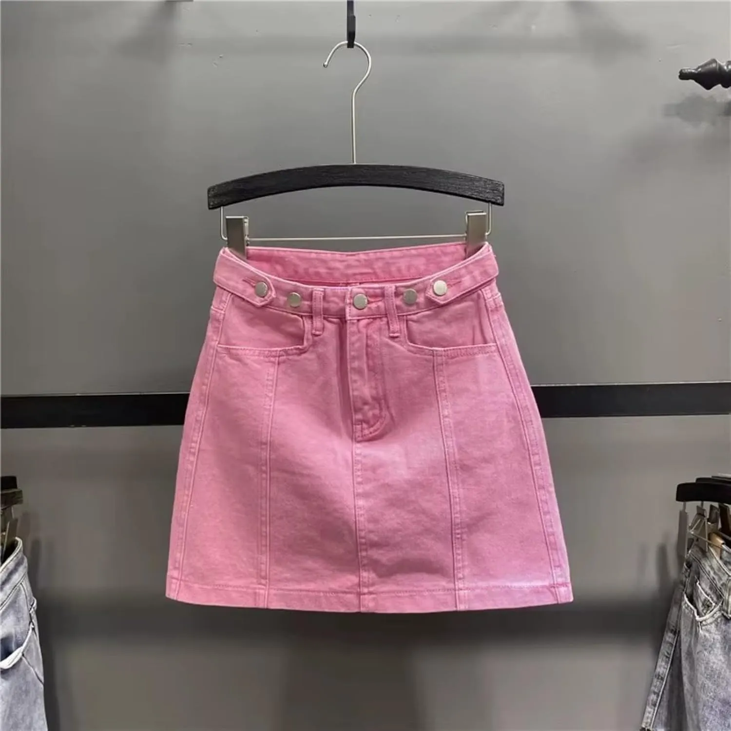 Summer Pink Denim Skirt Women High Waisted Slimming A-line Short Skirt with Wrapped Buttocks