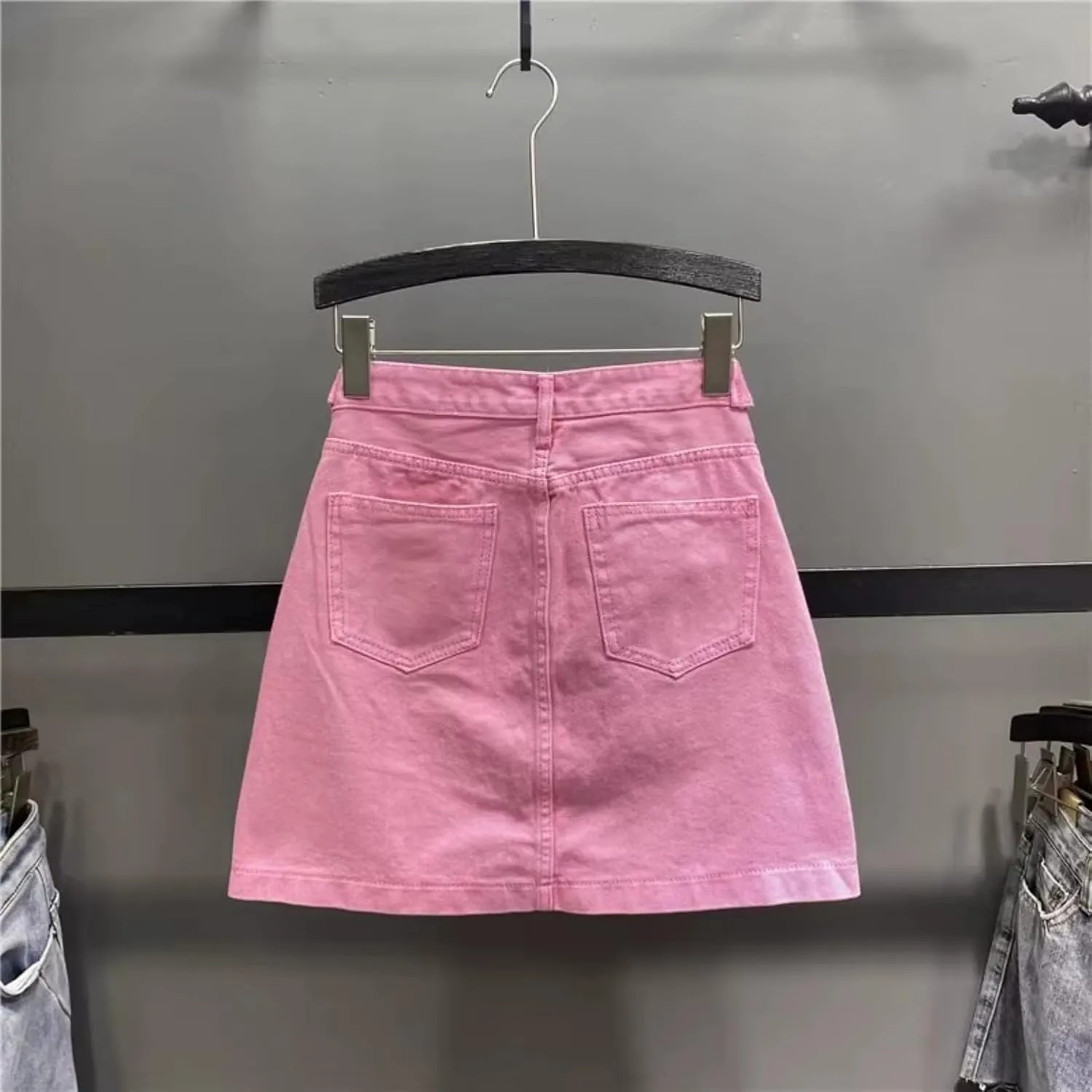 Summer Pink Denim Skirt Women High Waisted Slimming A-line Short Skirt with Wrapped Buttocks