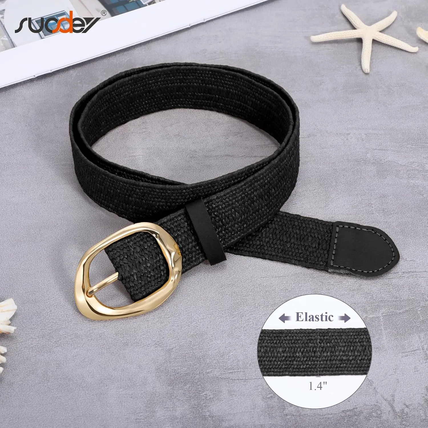 SUOSDEY Women Straw Woven Elastic Belt for Dresses,Boho Rattan Braided Stretch Ladies Waist Belt with Gold Buckle