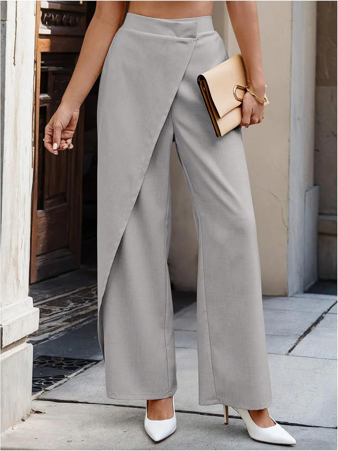 SweatyRocks Women's Elegant Wrap Front High Waisted Wide Leg Pants Suit Pants Trousers