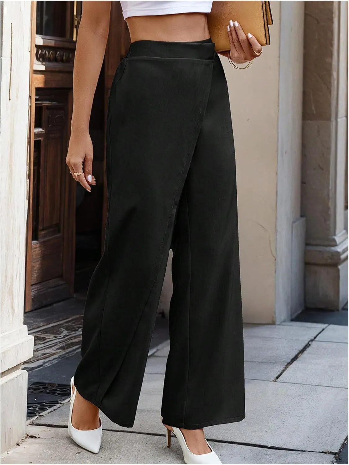 SweatyRocks Women's Elegant Wrap Front High Waisted Wide Leg Pants Suit Pants Trousers