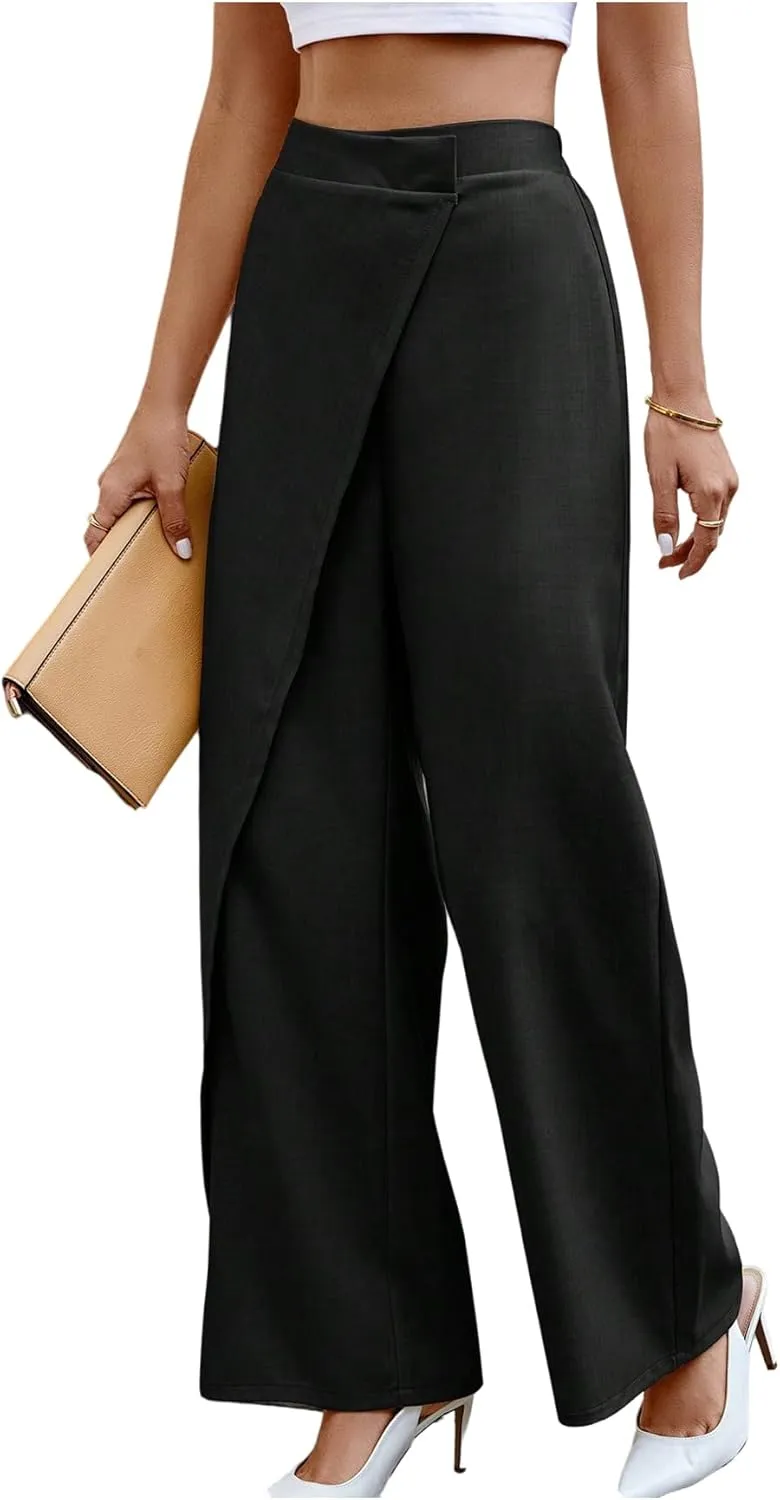 SweatyRocks Women's Elegant Wrap Front High Waisted Wide Leg Pants Suit Pants Trousers