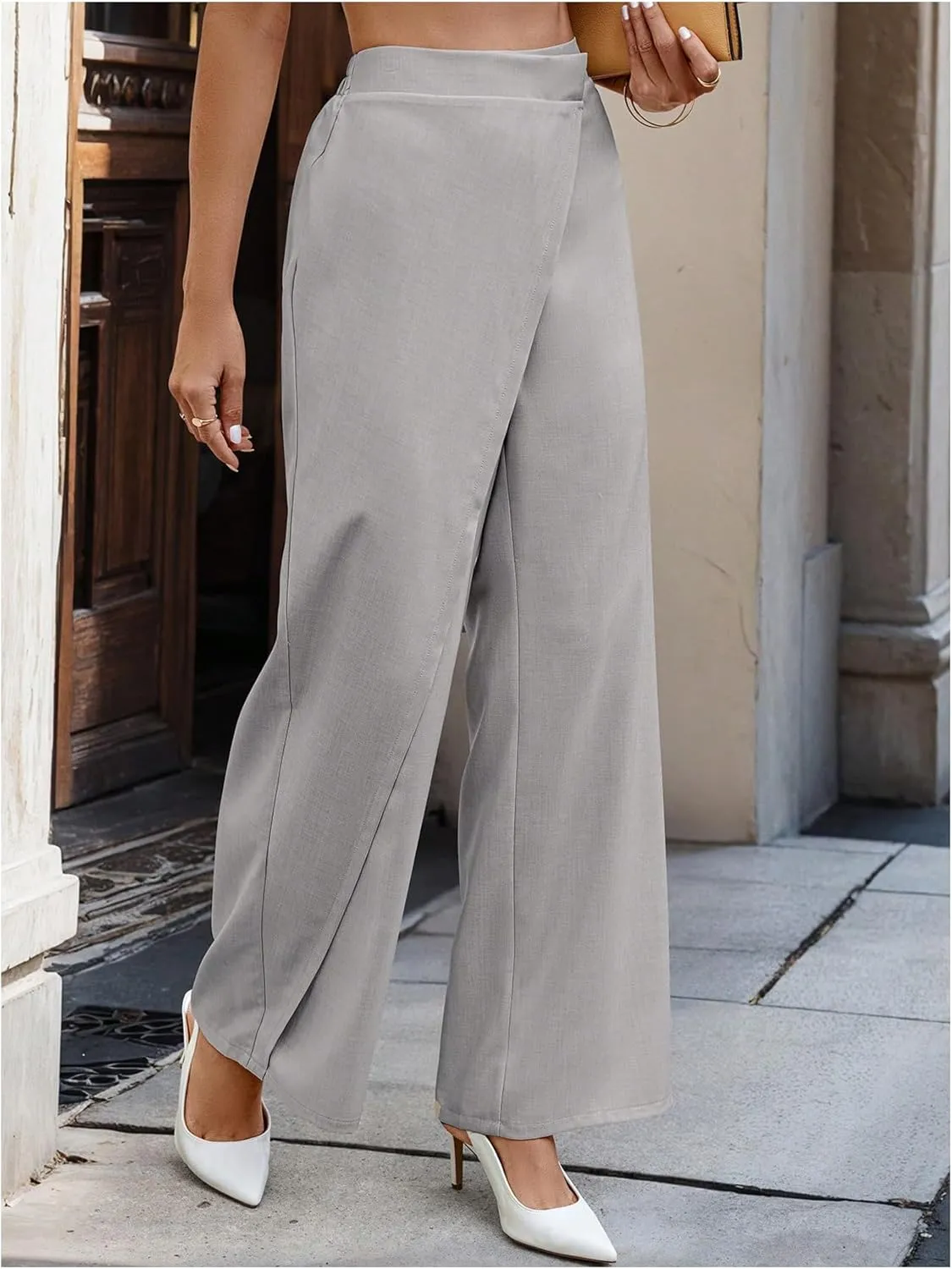 SweatyRocks Women's Elegant Wrap Front High Waisted Wide Leg Pants Suit Pants Trousers