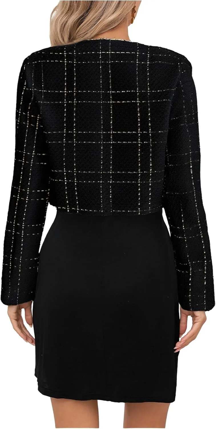 SweatyRocks Women's Plaid Long Sleeve Round Neck Button Down Crop Jacket Single Breasted Short Coat Top
