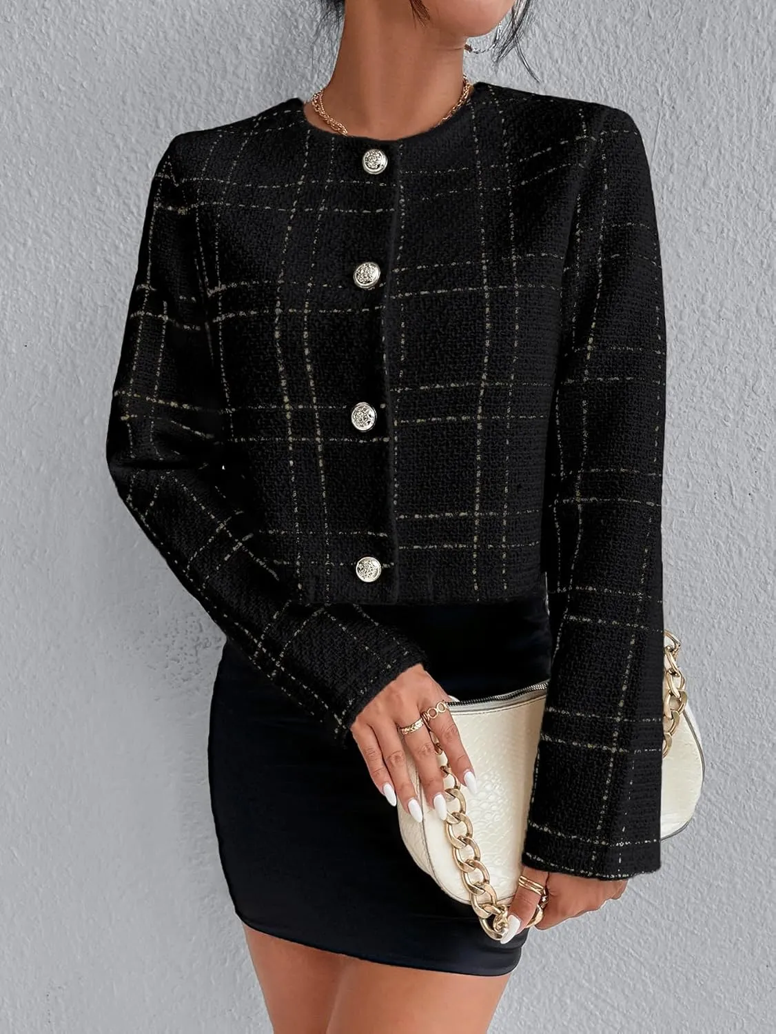 SweatyRocks Women's Plaid Long Sleeve Round Neck Button Down Crop Jacket Single Breasted Short Coat Top